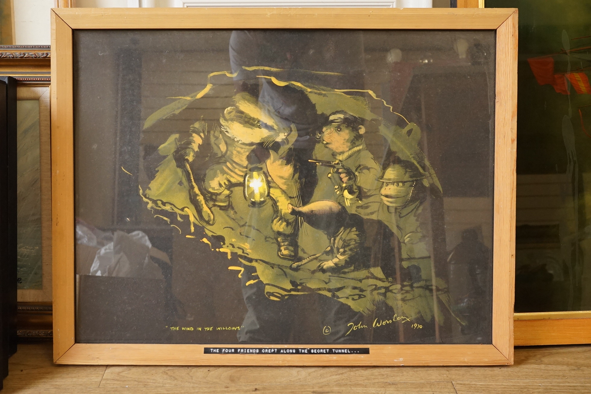 John Worsley (1919-2000), ‘The four friends crept along the secret tunnel’, signed and dated 1970, original illustration for Wind in the Willows, 46 x 60cm